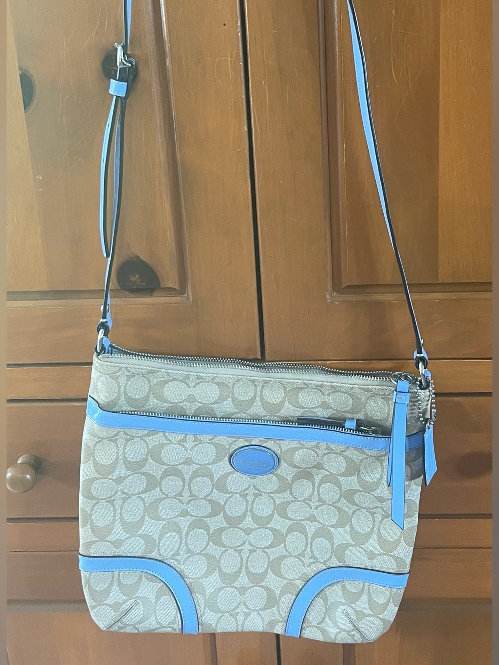 Coach Beige Signature Crossbody with Light Blue Trim